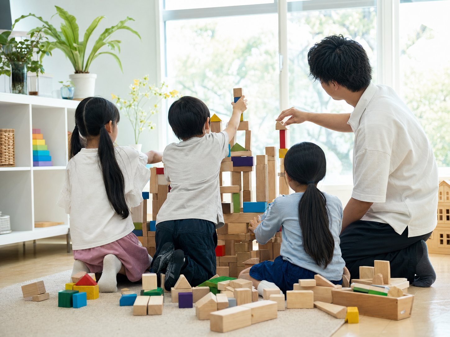 窓ぎわでスタッフと大きな積み木を組み立てる子どもたち