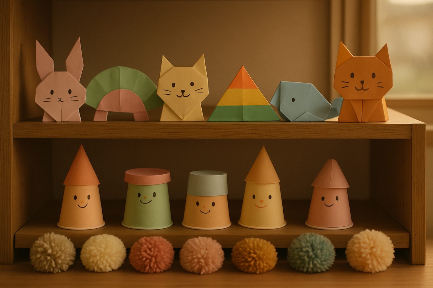 棚に並んだ紙や毛糸の工作作品