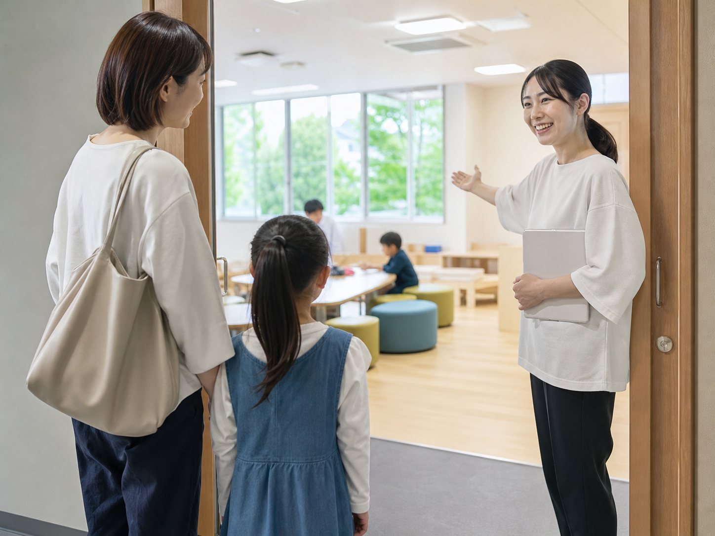 見学に訪れた親子へ教室を案内するスタッフ