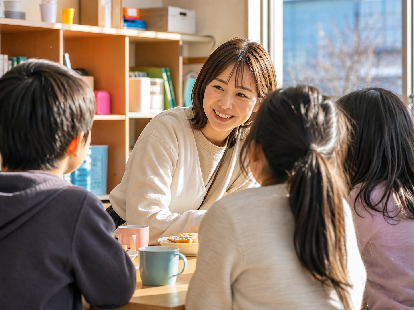 おやつの席で子どもたちと笑い合うスタッフ