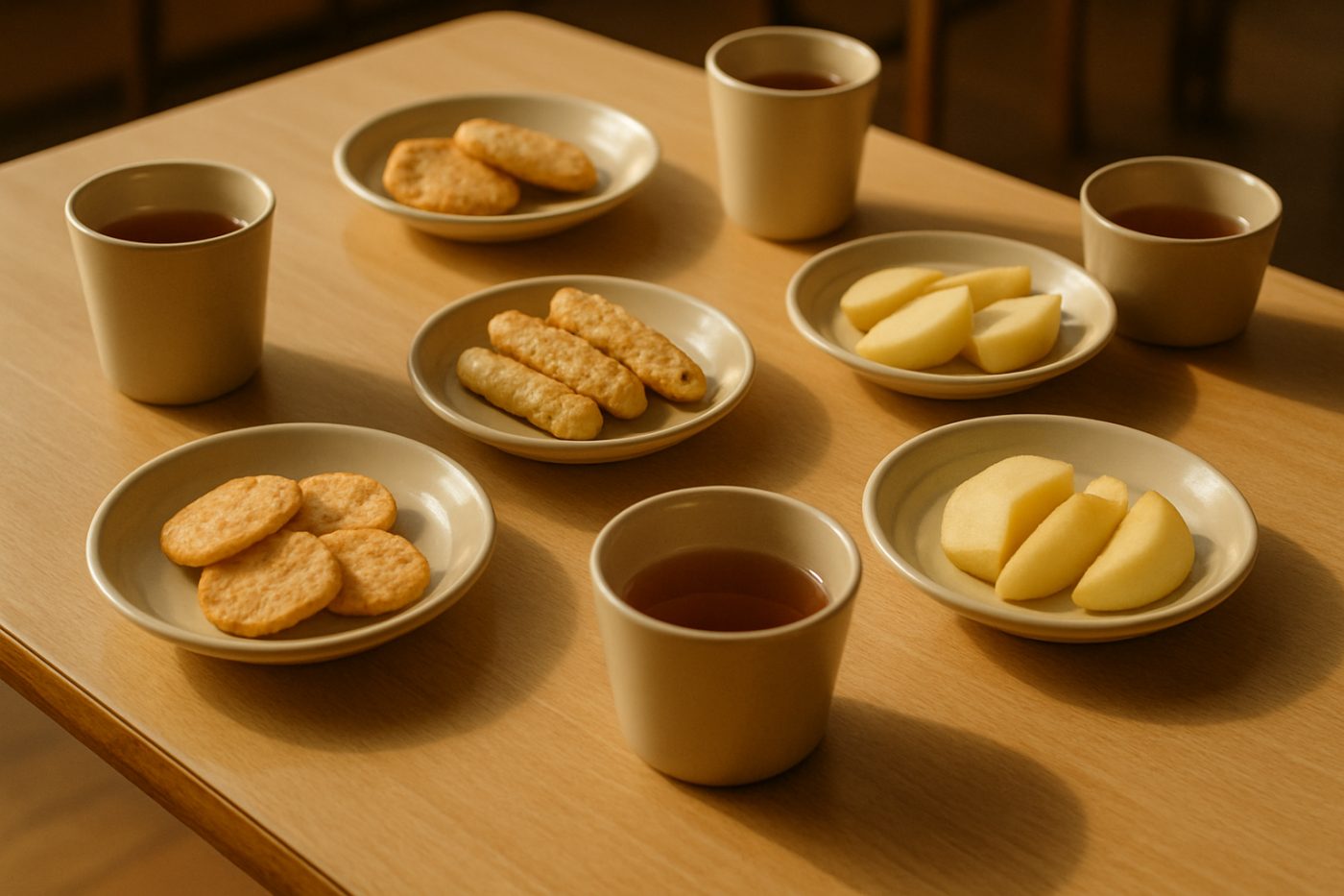 テーブルに並んだおやつと麦茶のコップ
